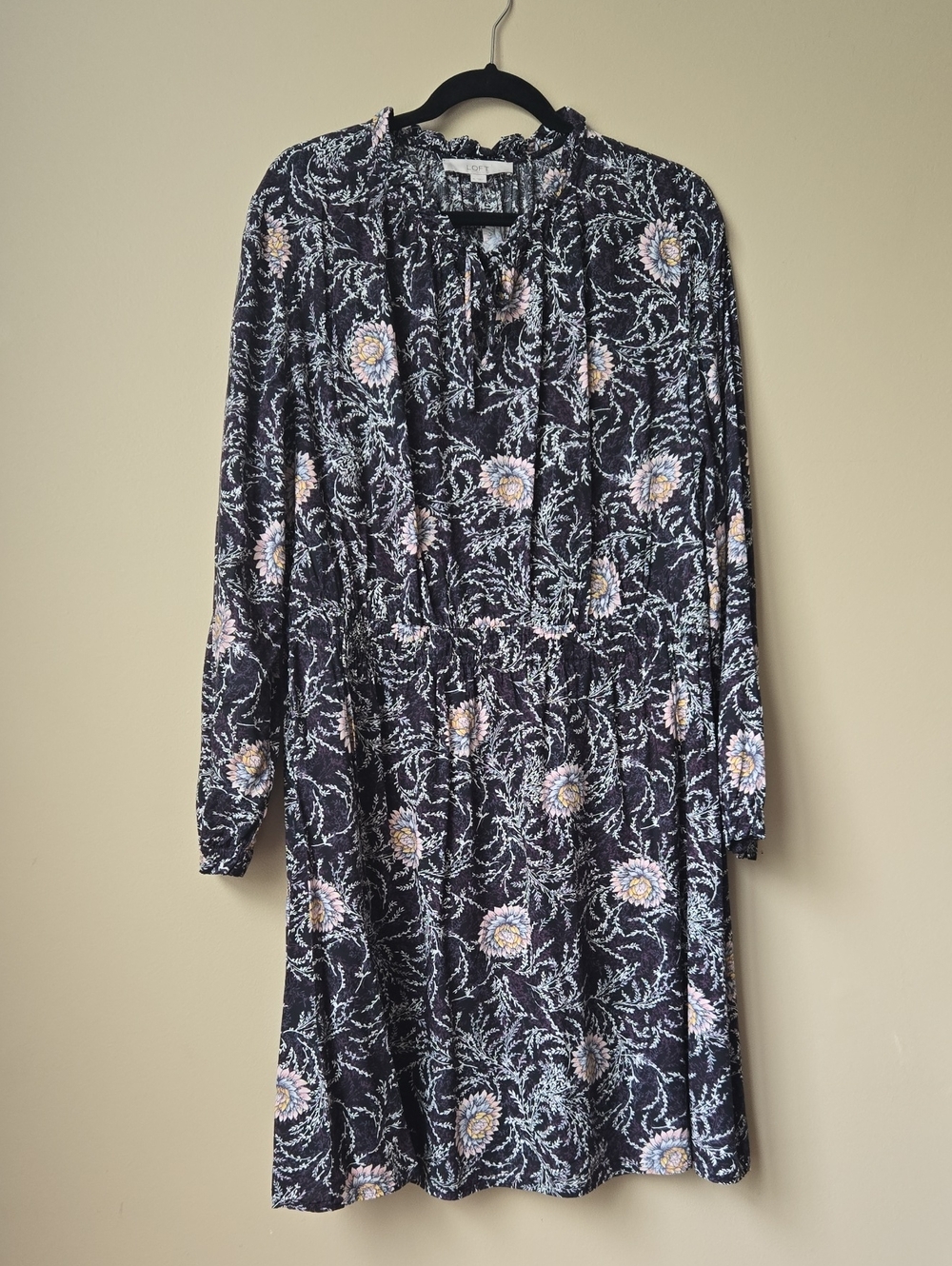 LOFT Navy Floral Long-Sleeve Tie-Neck Dress
